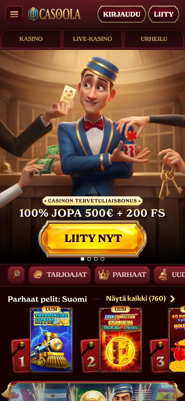 Casoola Casino — Mobiilinäkymä, tallennettu kuvakaappaus 16.7.2026
