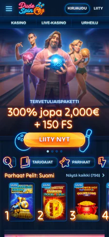 DudeSpin Casino — Mobiilinäkymä, tallennettu kuvakaappaus 16.7.2026