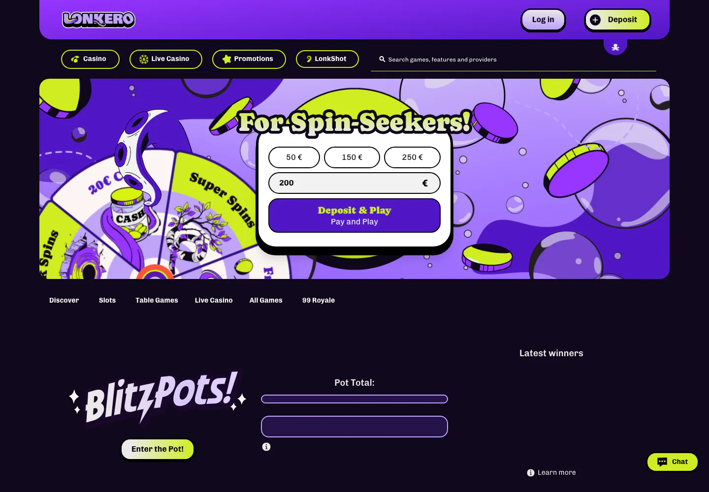 Etusivu — Lonkero Casino, julkinen sivustonäkymä