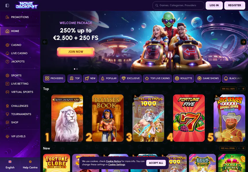 Etusivu — NovaJackpot, julkinen sivustonäkymä