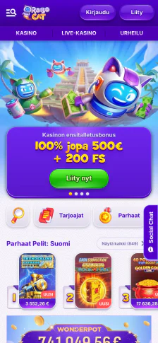 Robocat Casino — Mobiilinäkymä, tallennettu kuvakaappaus 15.7.2026