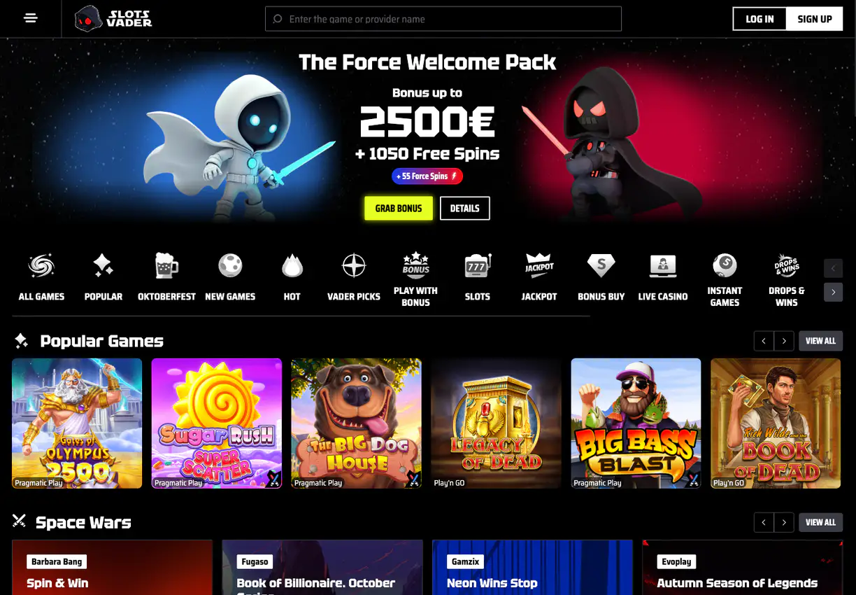 Etusivu — SlotsVader Casino, julkinen sivustonäkymä