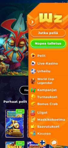 Wazamba Casino — Mobiilinäkymä, tallennettu kuvakaappaus 15.7.2026