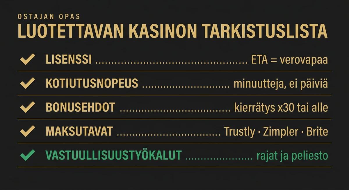 Luotettavan kasinon tarkistuslista: lisenssi, kotiutusnopeus, bonusehdot, maksutavat ja vastuullisuustyökalut