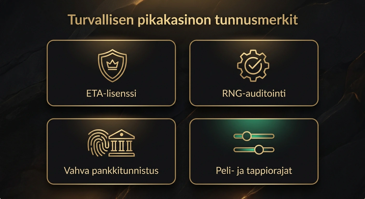 Turvallisen pikakasinon tunnusmerkit: ETA-lisenssi, RNG-auditointi, vahva pankkitunnistus, pelirajat