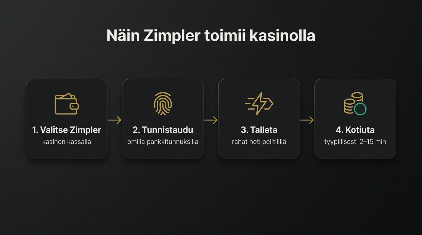 Näin Zimpler toimii kasinolla: valitse Zimpler, tunnistaudu pankkitunnuksilla, talleta, kotiuta 2–15 minuutissa