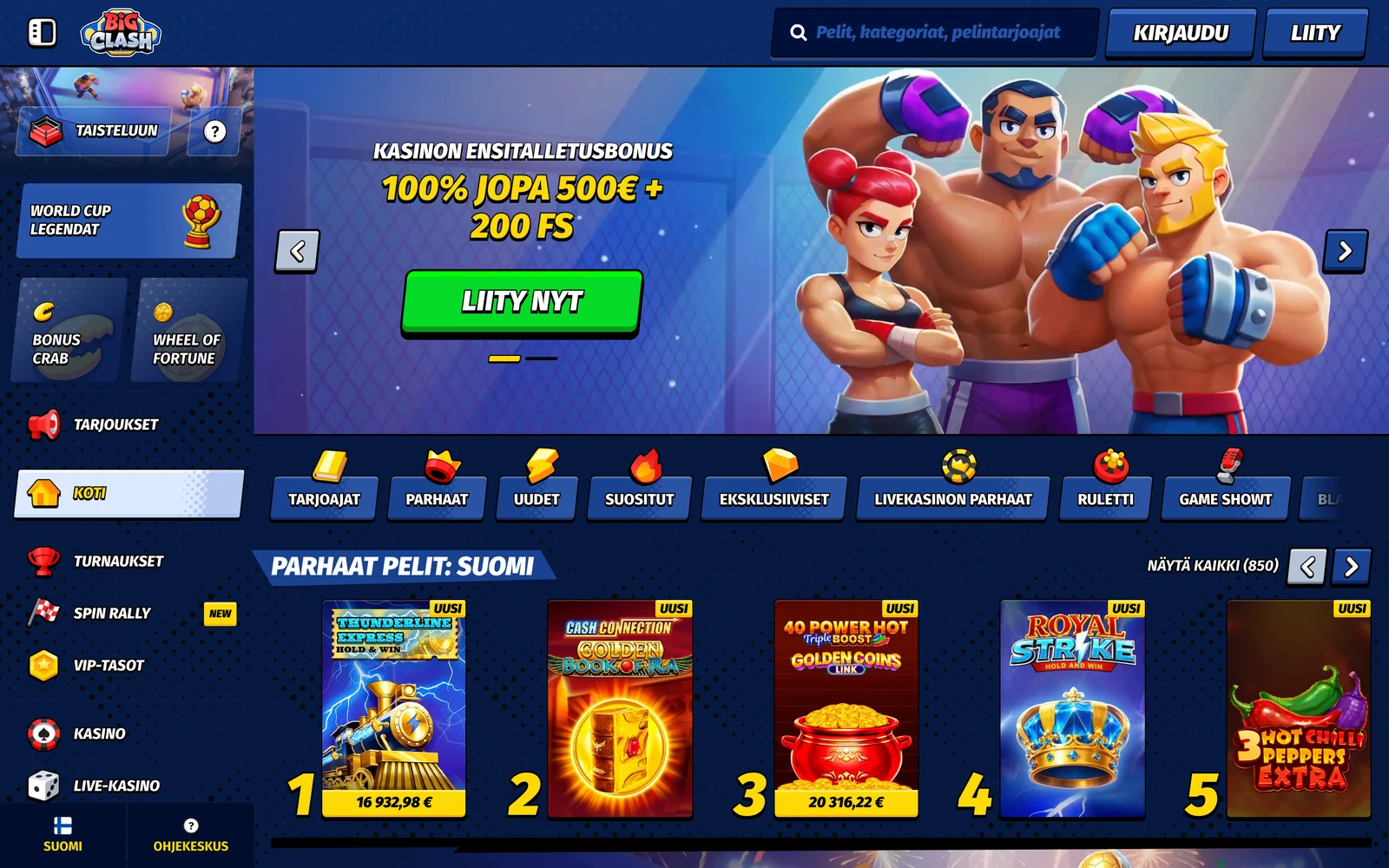 BigClash Casinon suomenkielinen etusivu heinäkuussa 2026 — 100 % bonus ja 200 kierrosta
