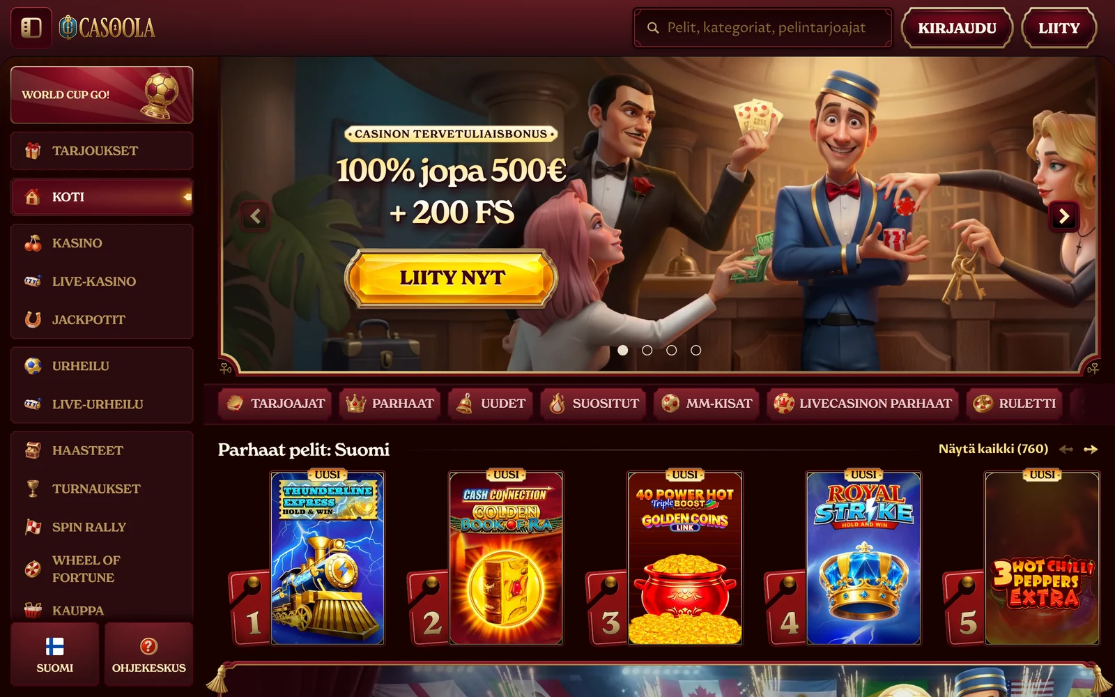 Casoola Casinon suomenkielinen etusivu heinäkuussa 2026 — 100 % bonus ja 200 kierrosta