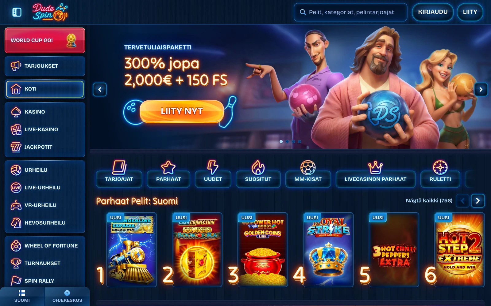 DudeSpin Casinon suomenkielinen etusivu heinäkuussa 2026 — 300 % tervetuliaispaketti