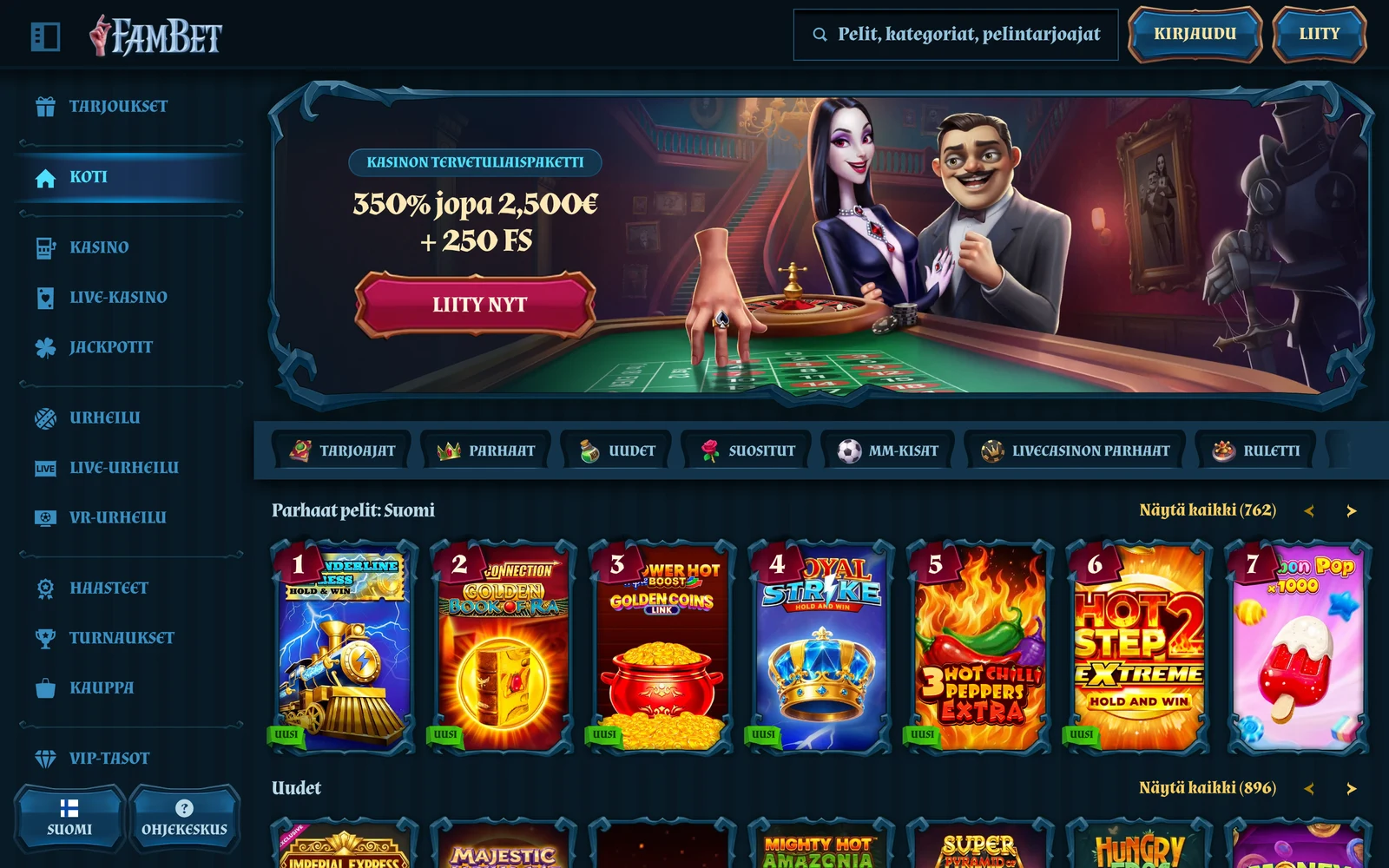 FamBet Casinon suomenkielinen etusivu heinäkuussa 2026 — 350 % tervetuliaispaketti