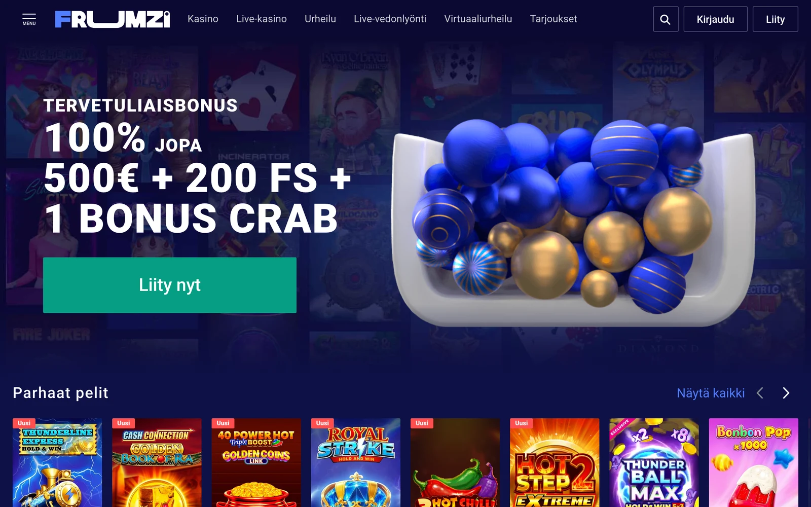 Frumzi Casinon suomenkielinen etusivu heinäkuussa 2026 — 100 % bonus, 200 kierrosta ja Bonus Crab