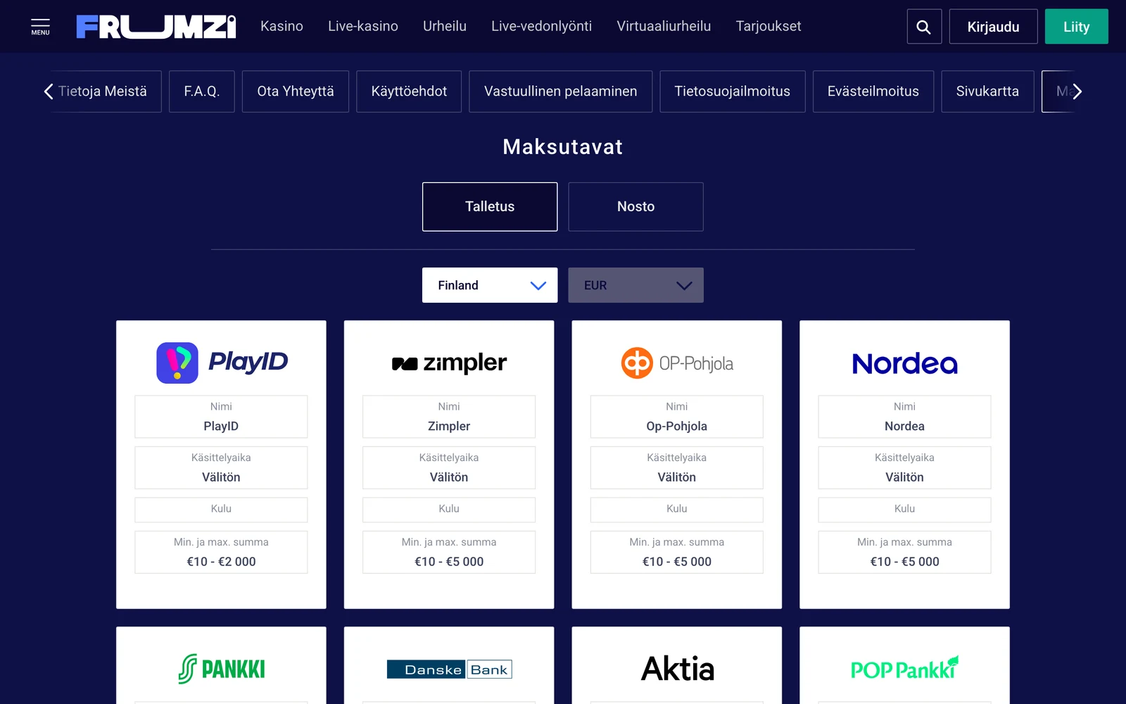 Frumzin maksutavat-sivu heinäkuussa 2026