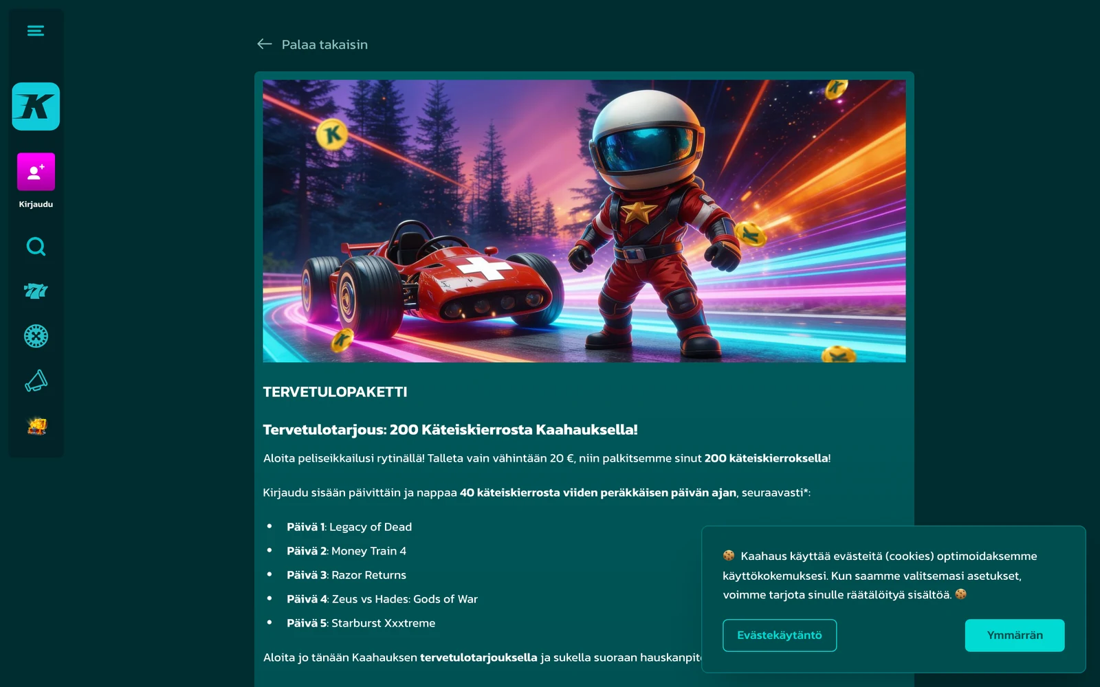 Kaahauksen tervetulotarjous-sivu heinäkuussa 2026