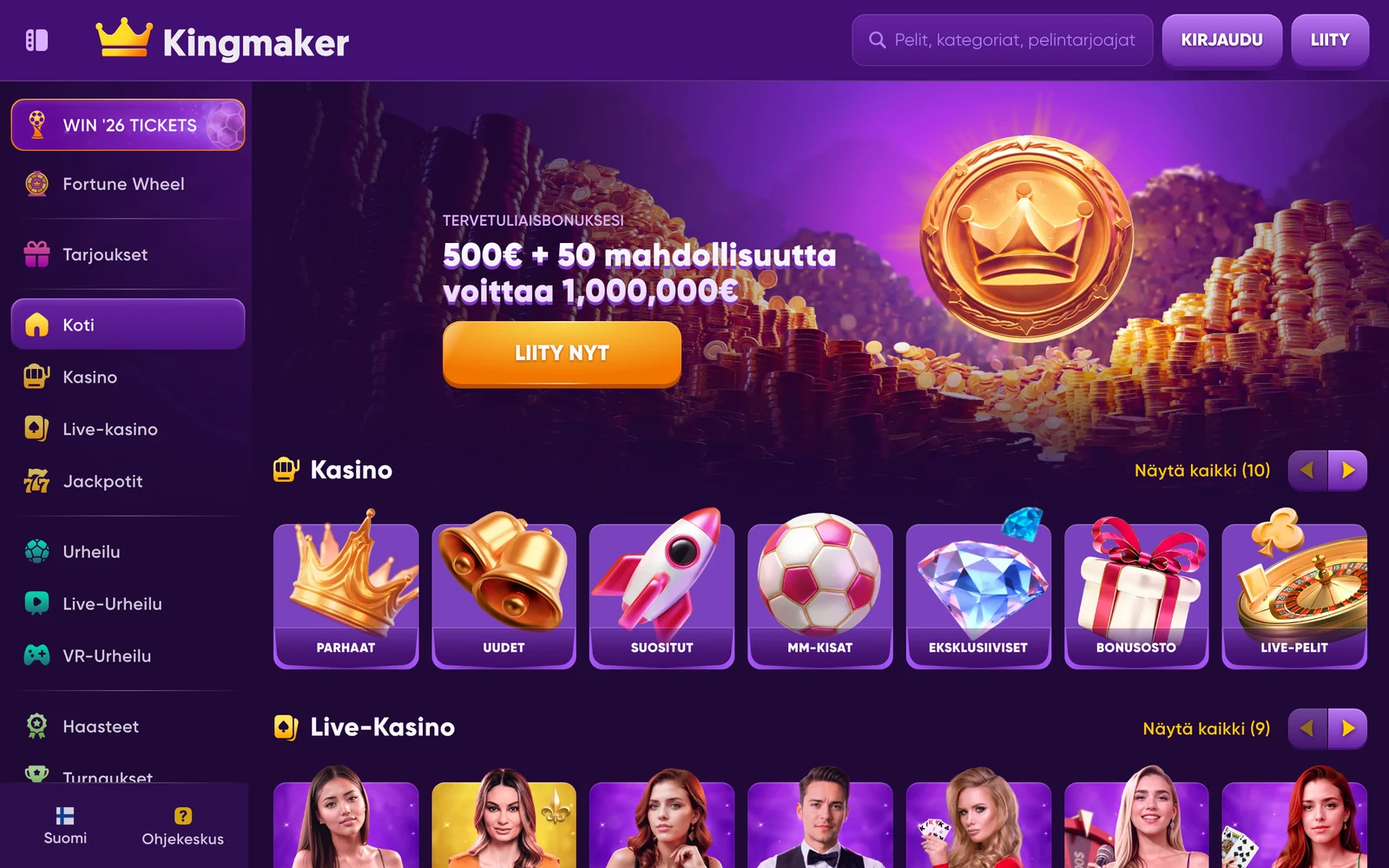 Kingmaker Casinon suomenkielinen etusivu heinäkuussa 2026 — 500 € bonus ja miljoonan euron pyörä