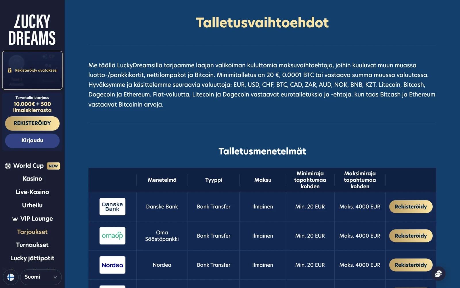 Lucky Dreamsin maksutavat-sivu heinäkuussa 2026