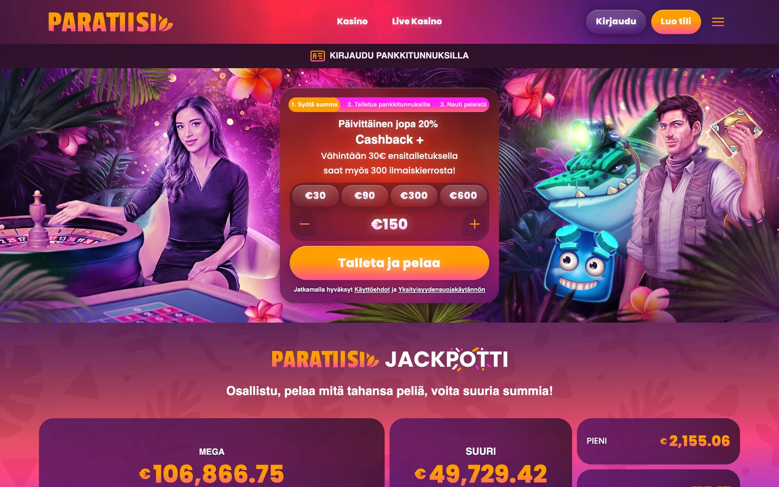 Paratiisi Casinon etusivu heinäkuussa 2026 — päivittäinen cashback ja 300 ilmaiskierrosta ensitalletukseen