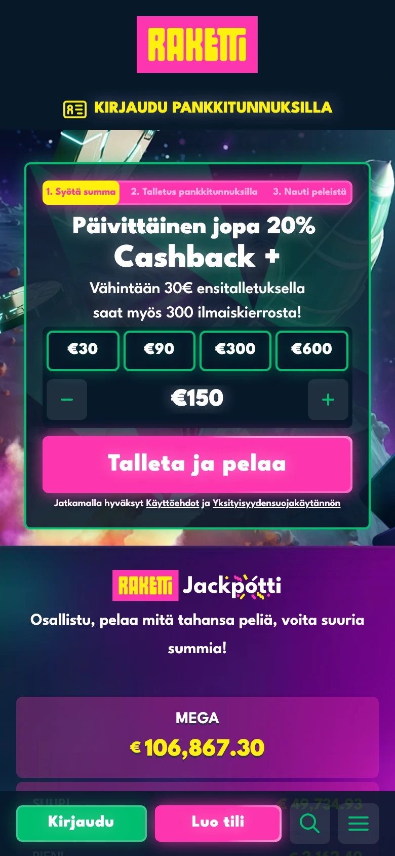 Raketti Casino mobiiliselaimessa