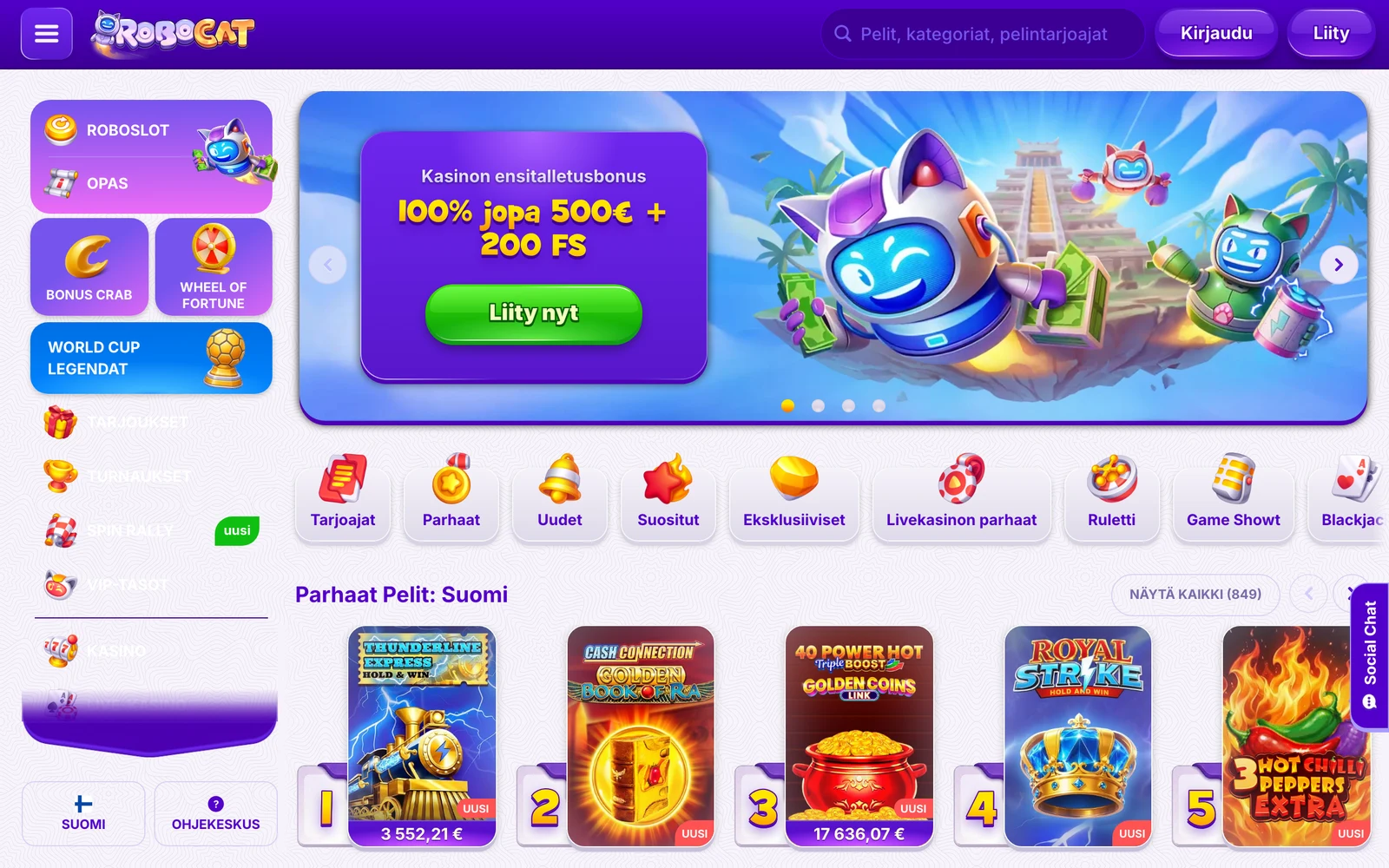 Robocat Casinon suomenkielinen etusivu heinäkuussa 2026