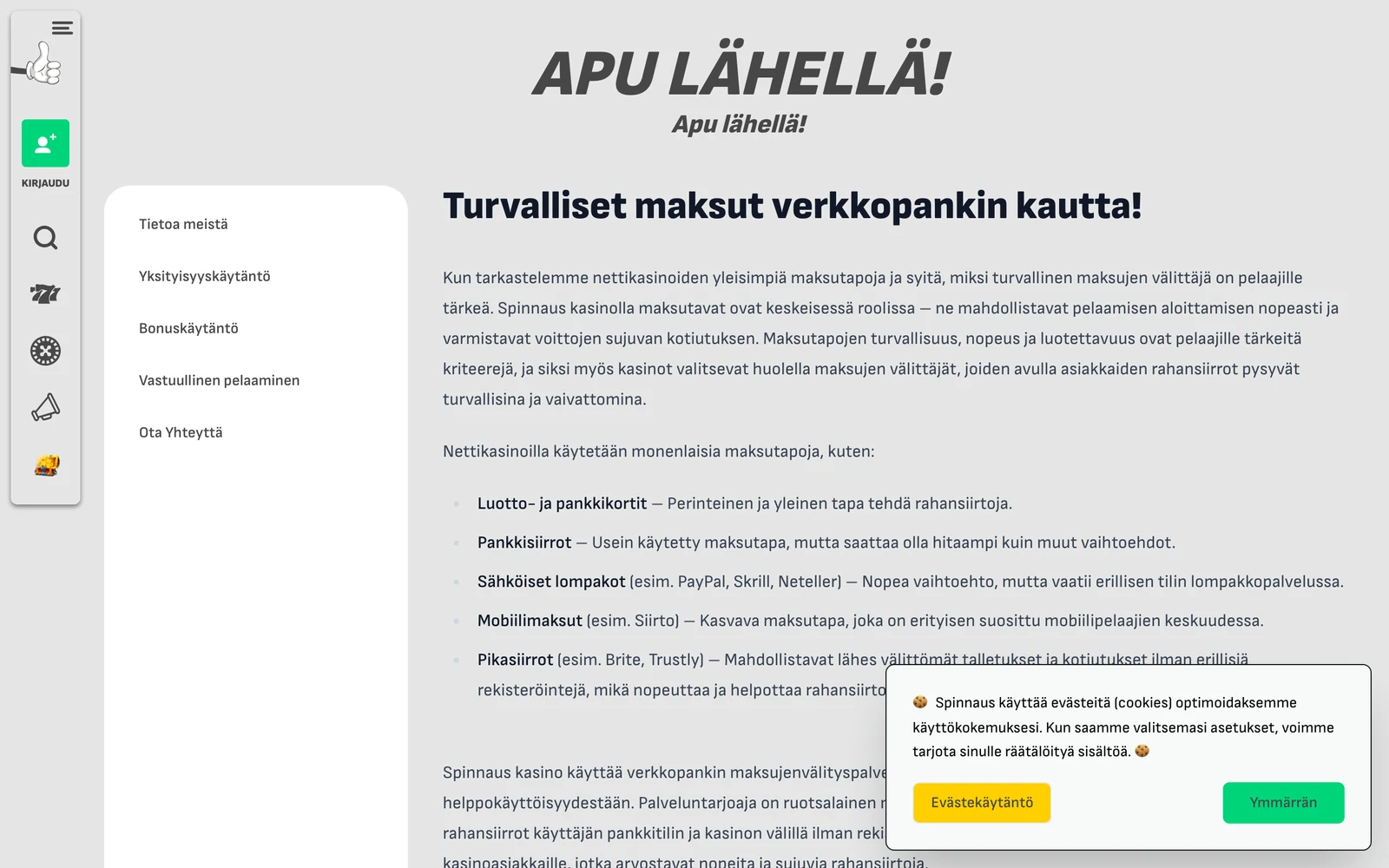 Spinnauksen maksutapasivu heinäkuussa 2026