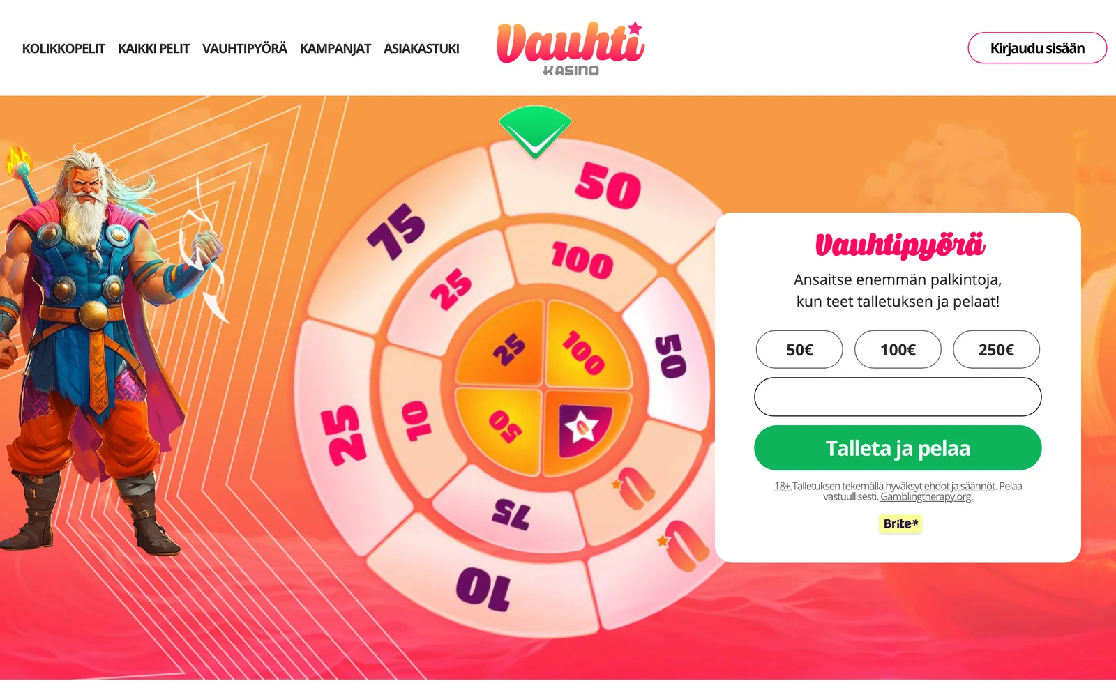 Vauhti Kasinon etusivu heinäkuussa 2026 — Vauhtipyörä ja talletusvalinnat