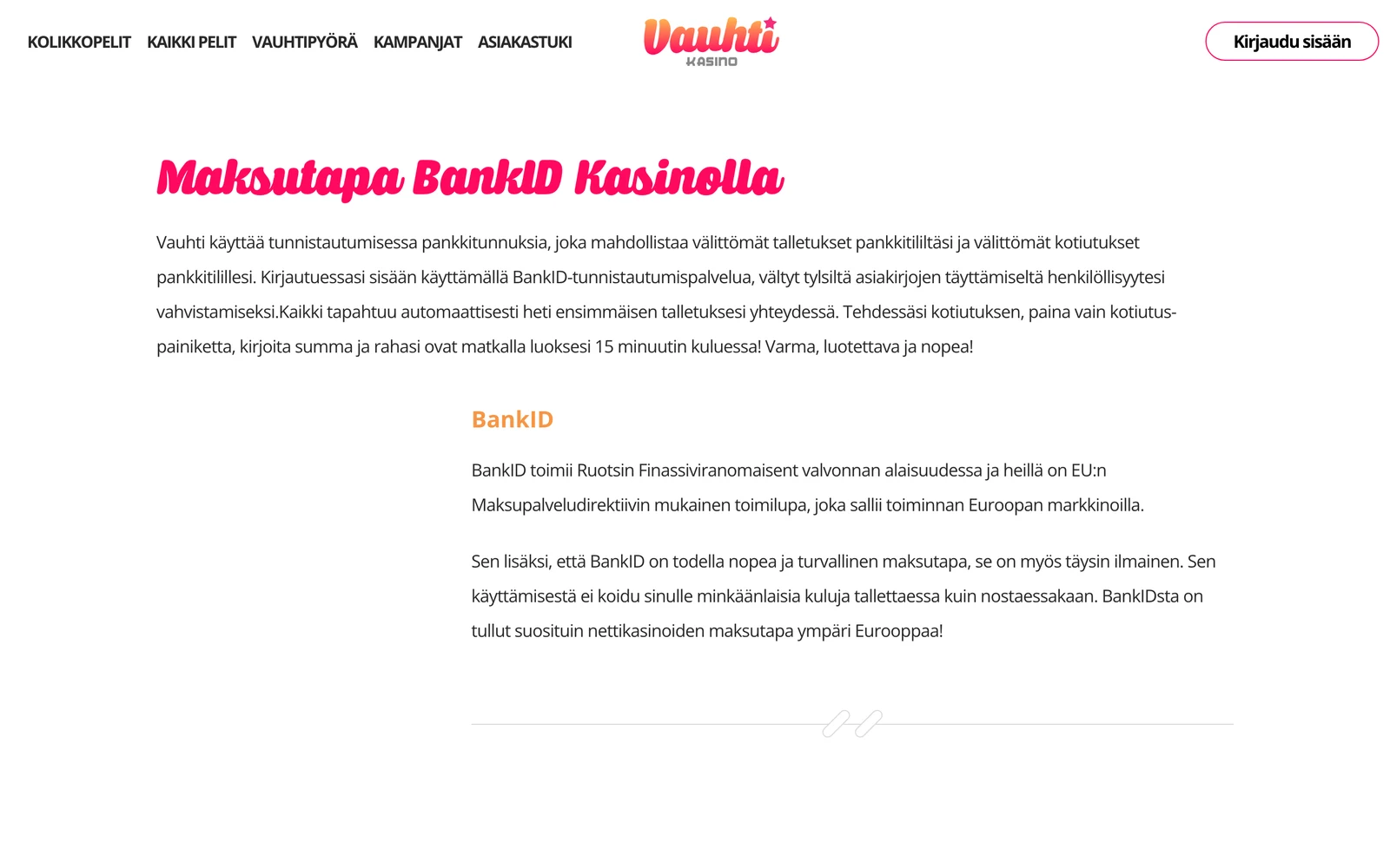 Vauhdin maksutapasivu: BankID-pankkitunnistautuminen talletuksiin ja kotiutuksiin