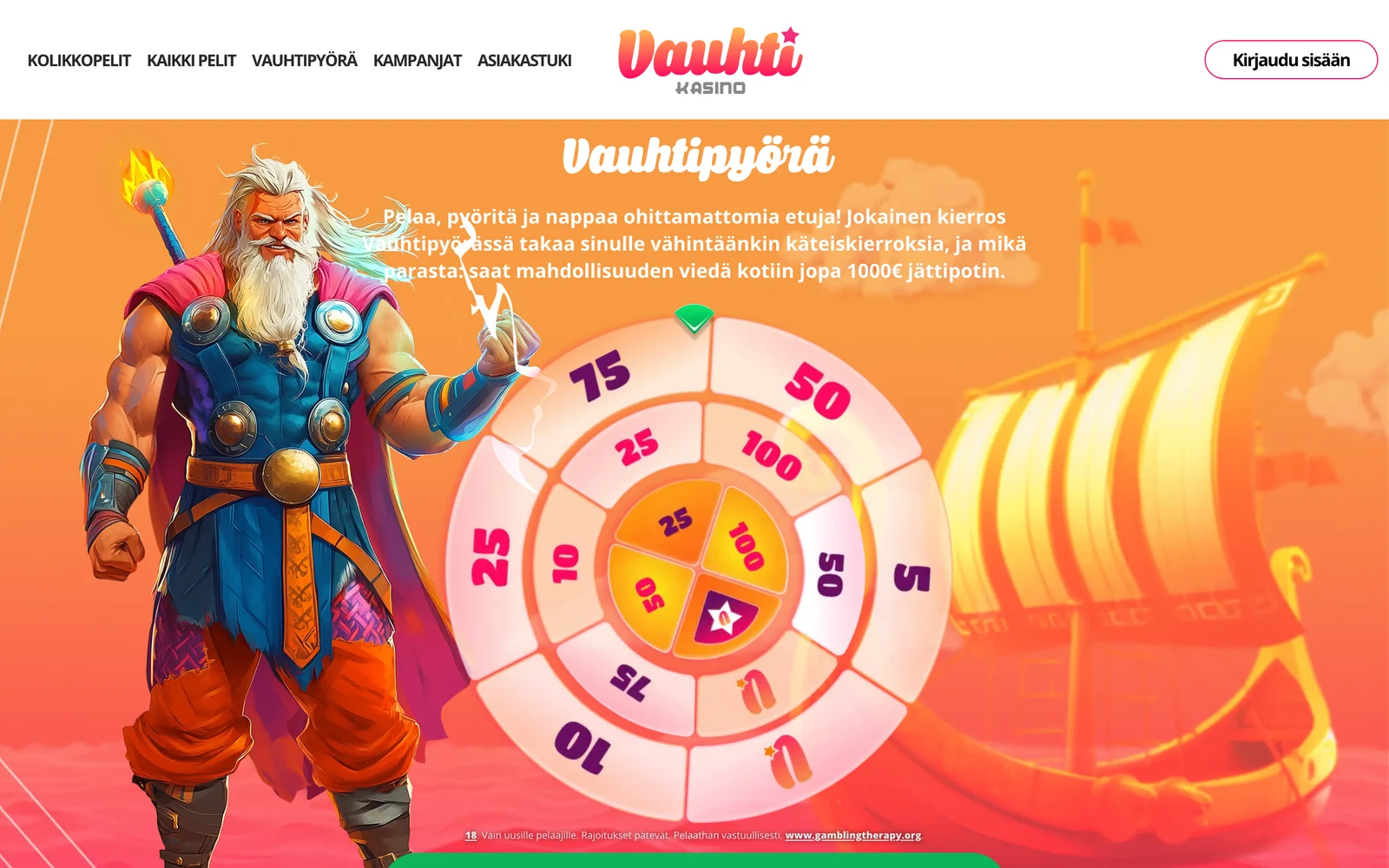 Vauhtipyörä-sivu: käteiskierrosten palkintopyörä ja jopa 1 000 € potti