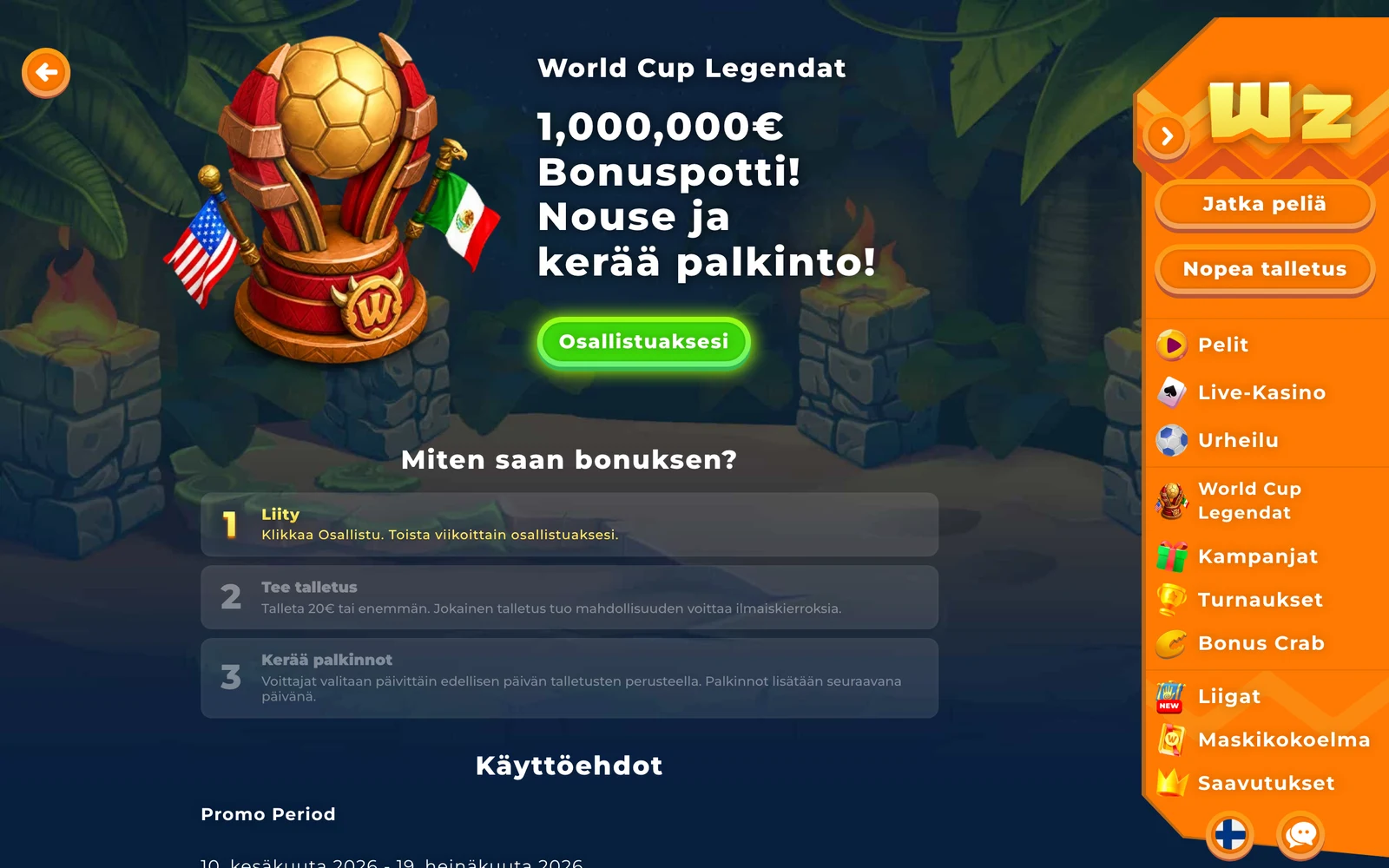 Wazamban kampanjasivu heinäkuussa 2026