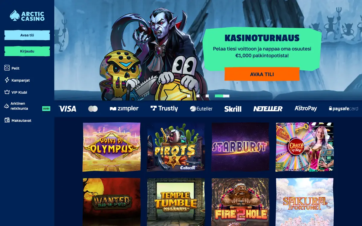 Arctic Casino -kasinon etusivu: tervetulotarjous, valikko ja pelinostot, kuvattu Suomesta 18.10.2026