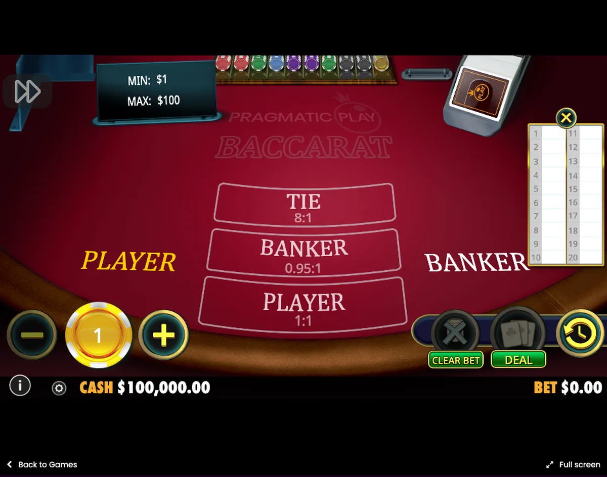 Baccarat-pöytä Pragmatic Playn ilmaisessa demossa: vedot Player 1:1, Banker 0,95:1 ja Tie 8:1, panosrajat 1–100, kuvattu 18.10.2026