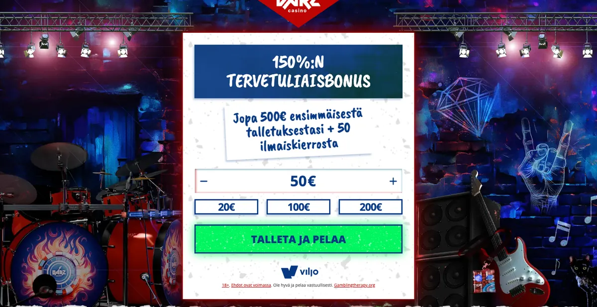 Barzin etusivu: 150 %:n tervetuliaisbonus jopa 500 euroon ensimmäisestä talletuksesta ja 50 ilmaiskierrosta, talletuskenttä 20, 50, 100 ja 200 euron summille ja Viljo-maksu, kuvattu Suomesta 18.10.2026