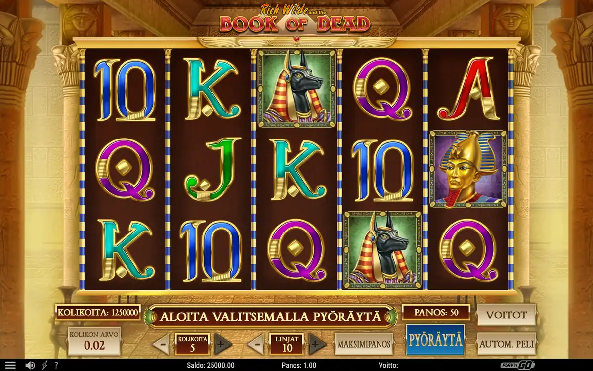 Book of Dead -demo Play'n GO:n sivulta: viisi rullaa, 10 voittolinjaa, panos 1,00 ja demosaldo 25 000, painikkeet Voitot, Maksimipanos, Pyöräytä ja Autom. peli, kuvattu 18.10.2026