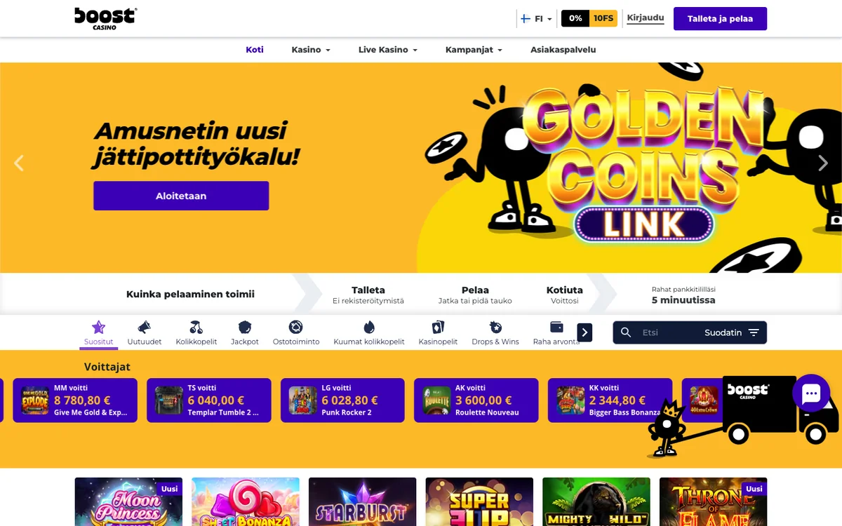Boost Casino -kasinon etusivu: tervetulotarjous, valikko ja pelinostot, kuvattu Suomesta 18.10.2026