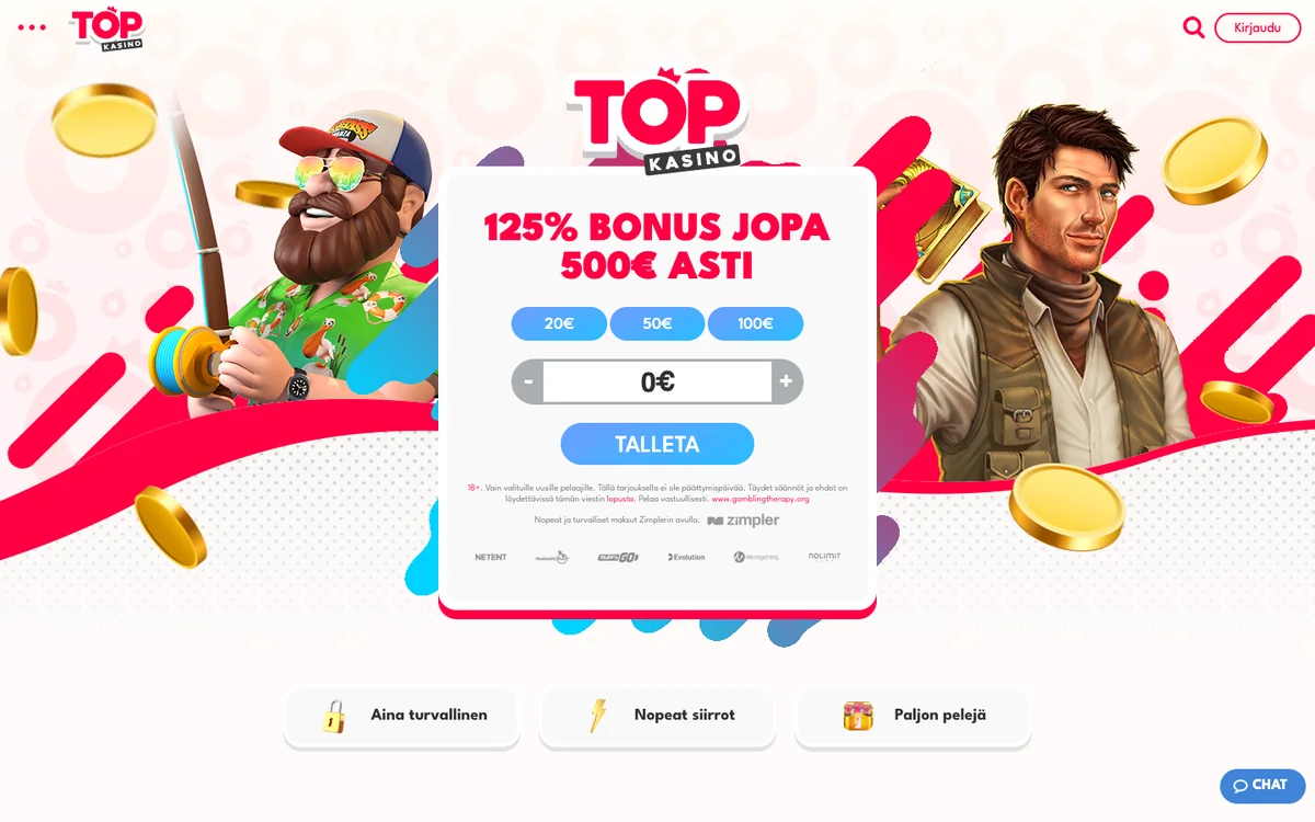 Casino Top -kasinon etusivu: tervetulotarjous, valikko ja pelinostot, kuvattu Suomesta 18.10.2026