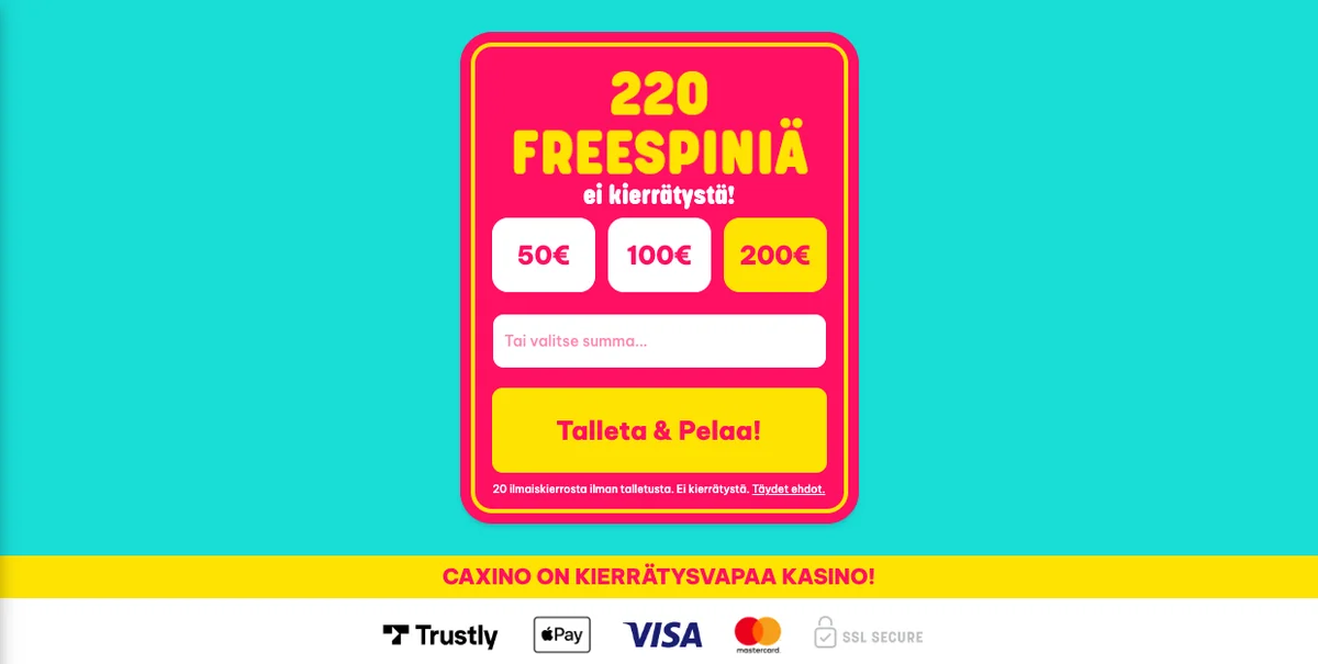 Caxinon etusivu: 220 freespiniä ilman kierrätystä, joista 20 ilman talletusta, kuvattu Suomesta 17.10.2026