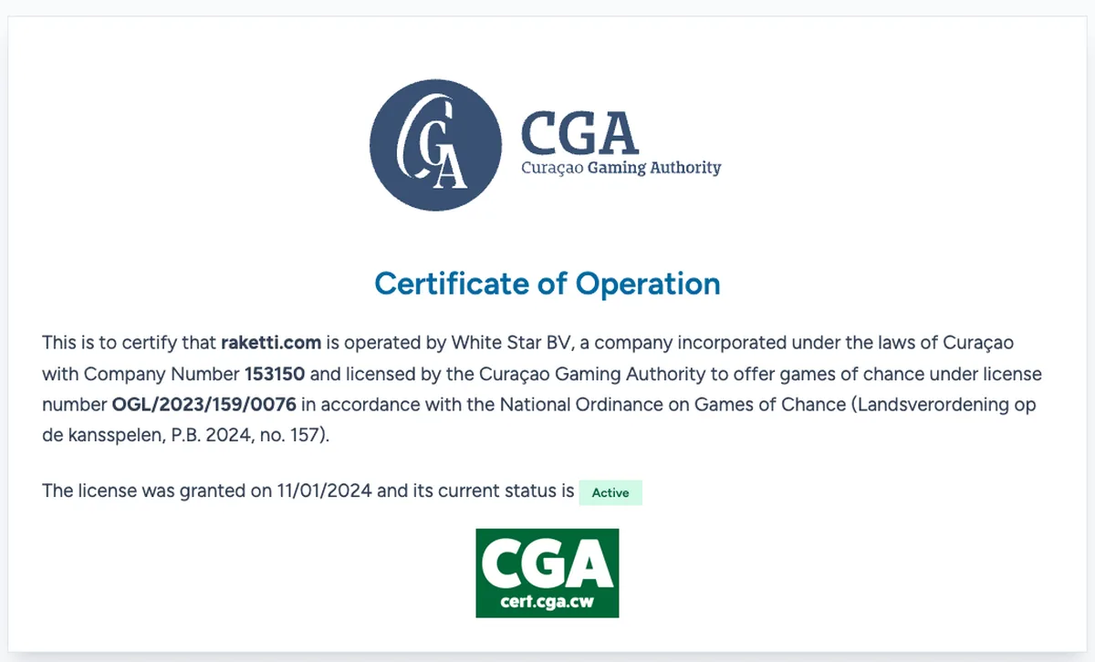 Curaçao Gaming Authorityn sertifikaatti raketti.com-sivustolle: White Star BV, lupa OGL/2023/159/0076, myönnetty 11.1.2024, tila Active, kuvattu 18.10.2026