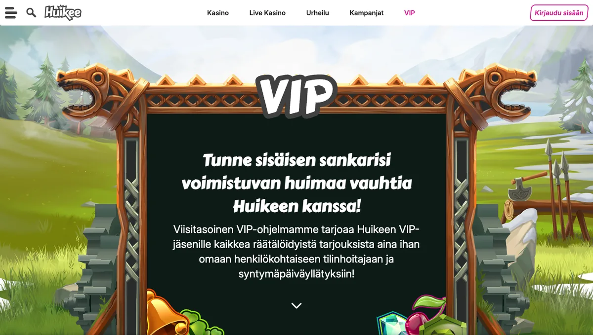 Huikeen VIP-sivu: viisitasoinen VIP-ohjelma, henkilökohtainen tilinhoitaja ja syntymäpäiväyllätykset, kuvattu Suomesta 17.10.2026