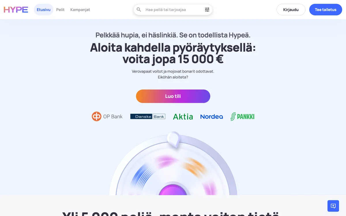 Hypen etusivu: kaksi onnenpyörän kierrosta kahdesta talletuksesta, jopa 15 000 €, kuvattu Suomesta 17.10.2026