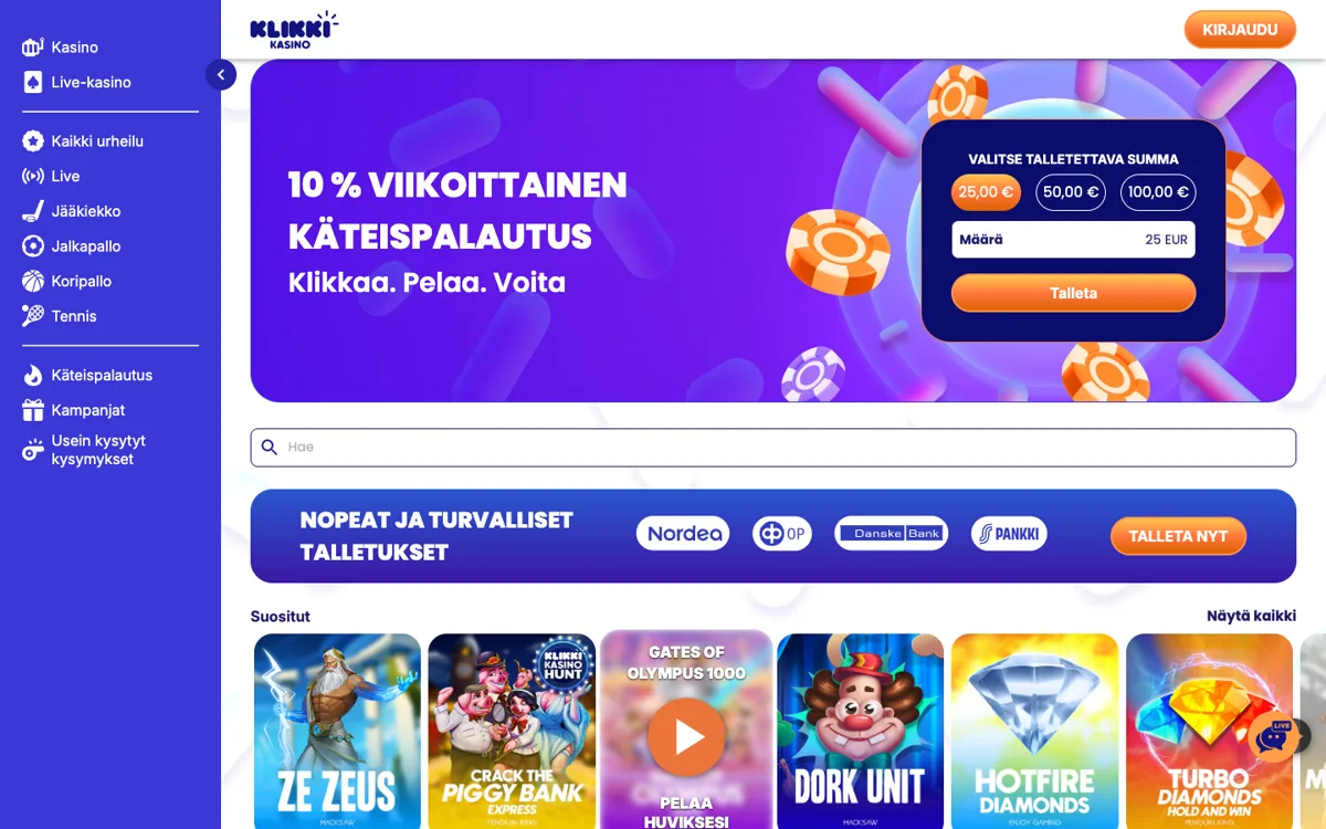 Etusivu 18.10.2026: 10 % viikoittainen käteispalautus, talletuskenttä 25/50/100 € ja jättipottilaskurit