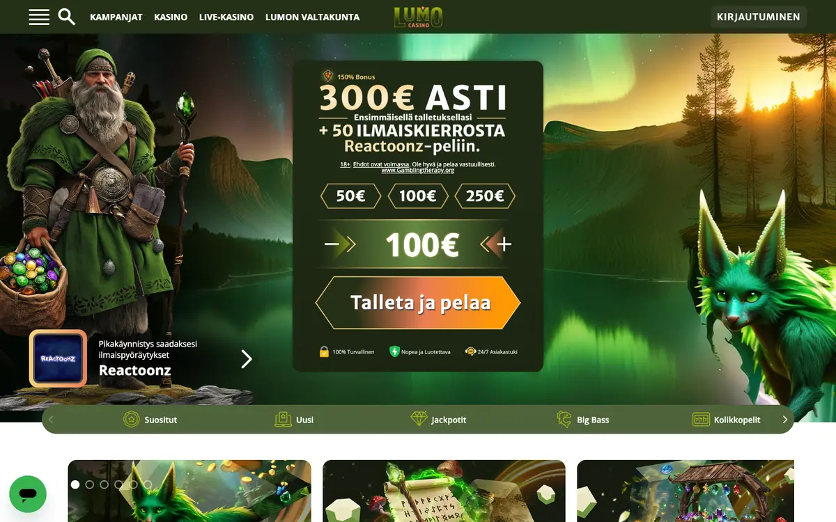 Lumo Casino -kasinon etusivu: tervetulotarjous, valikko ja pelinostot, kuvattu Suomesta 18.10.2026