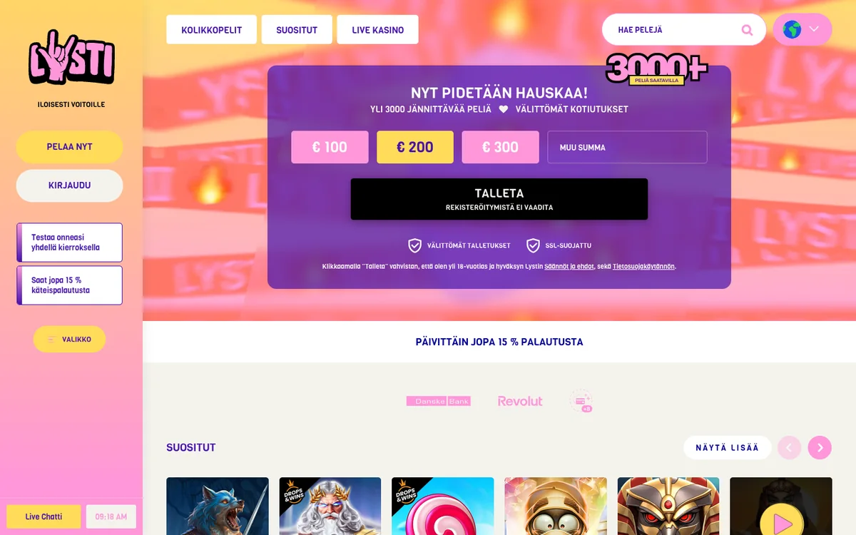 Lysti Casino -kasinon etusivu: tervetulotarjous, valikko ja pelinostot, kuvattu Suomesta 18.10.2026
