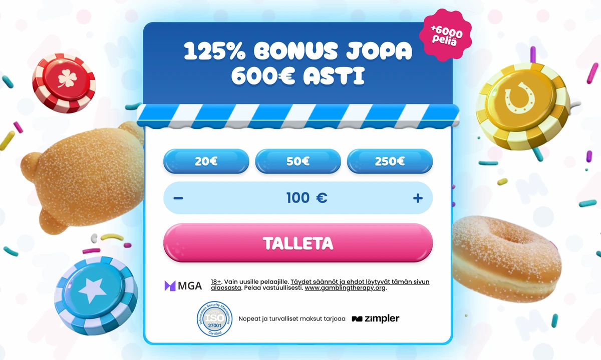 Munkki Kasinon etusivun talletusikkuna: 125 %:n bonus jopa 600 euroon, summat 20, 50 ja 250 €, MGA-merkki ja teksti ”Nopeat ja turvalliset maksut tarjoaa Zimpler”, kuvattu Suomesta 18.10.2026