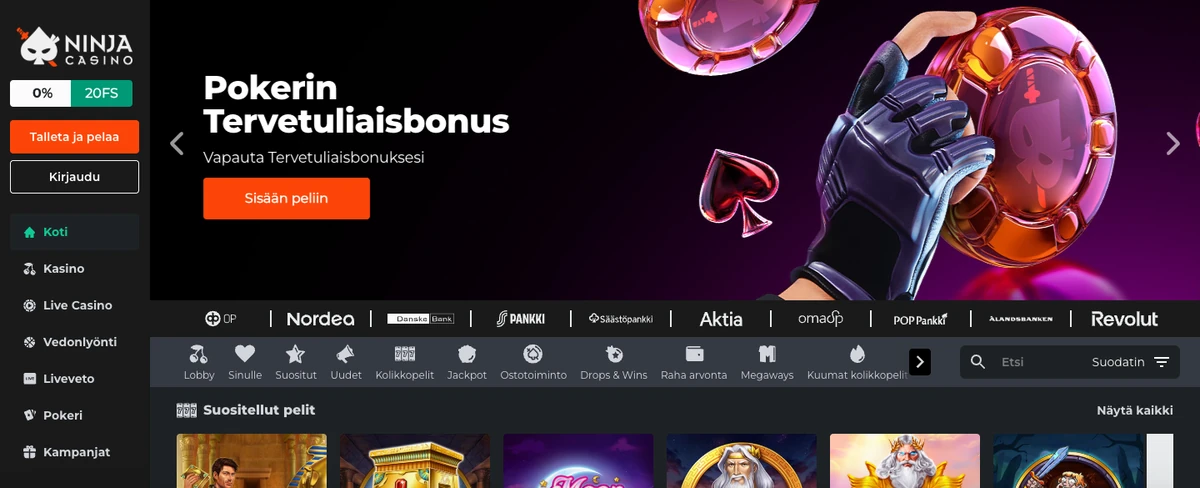 Ninja Casinon etusivu: Talleta ja pelaa -painike, Ninja Stars -mittari ”0 % 20FS” ja pankkirivi OP:sta Revolutiin, kuvattu Suomesta 18.10.2026