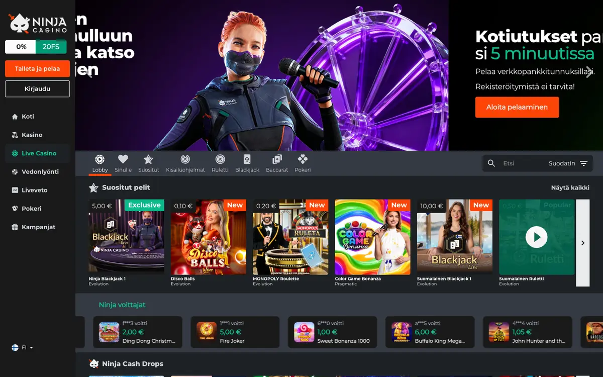 Ninja Casinon live-aula: Suomalainen Ruletti 0,50 € ja Suomalainen Blackjack 1 10 €, Evolution, kuvattu Suomesta 18.10.2026