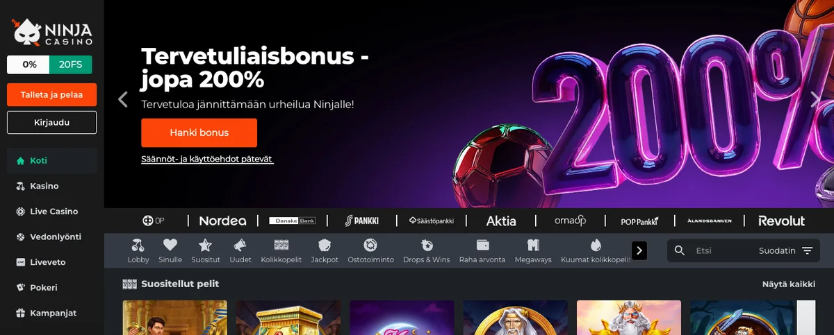 Ninja Casinon etusivu: talleta ja pelaa pankkitunnuksilla, pankit OP:sta Revolutiin ja urheilun tervetuliaisbonus jopa 200 %, kuvattu Suomesta 17.10.2026