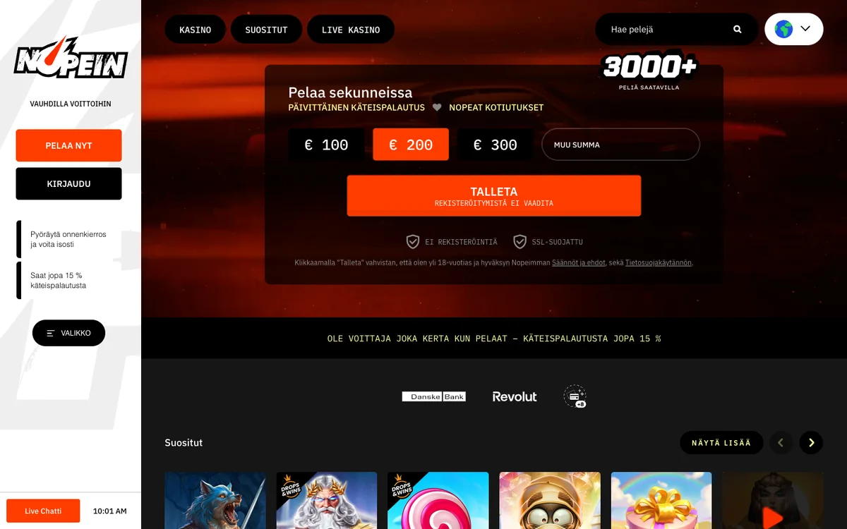 Nopein Casino -kasinon etusivu: tervetulotarjous, valikko ja pelinostot, kuvattu Suomesta 18.10.2026