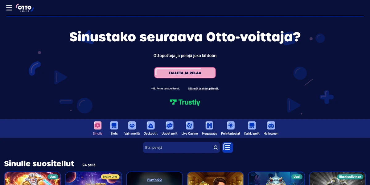 Otto Kasinon etusivu: ”Sinustako seuraava Otto-voittaja?”, Talleta ja pelaa -painike, Trustly-logo, pelikategoriat ja Sinulle suositellut -pelit, kuvattu 18.10.2026
