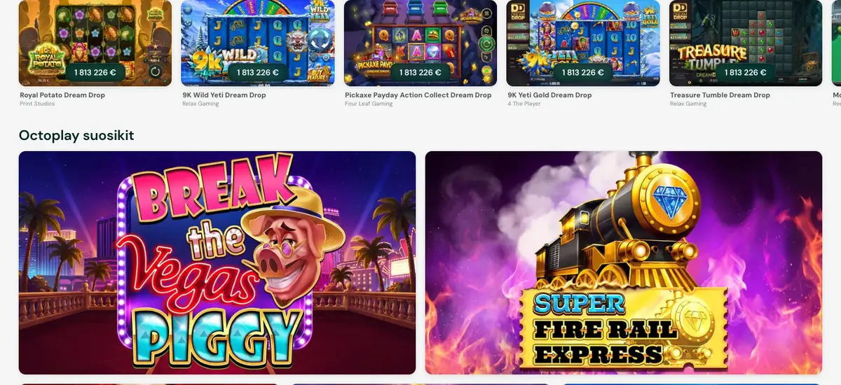 Pafin kasinoaula: Dream Drop -rivi, jossa Royal Potato, 9K Wild Yeti, Pickaxe Payday, 9K Yeti Gold ja Treasure Tumble näyttävät saman Mega-potin 1 813 226 €, kuvattu Suomesta 18.10.2026