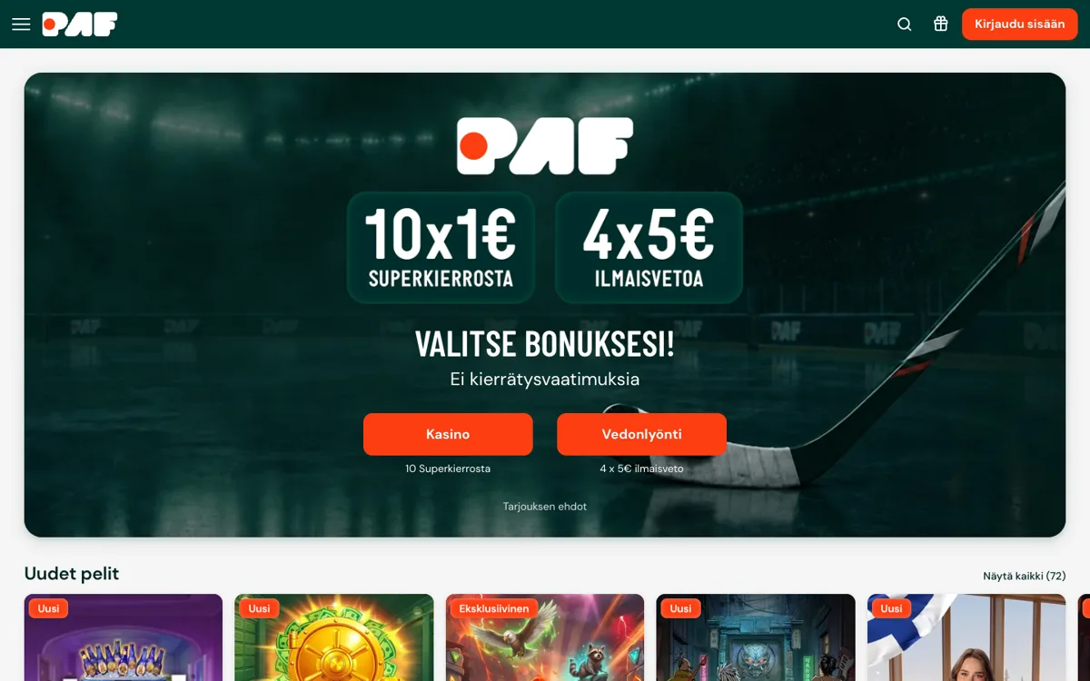 Pafin etusivu 18.10.2026: ”Valitse bonuksesi! Ei kierrätysvaatimuksia” – vedonlyöntiin 4 × 5 € ilmaisvetoa