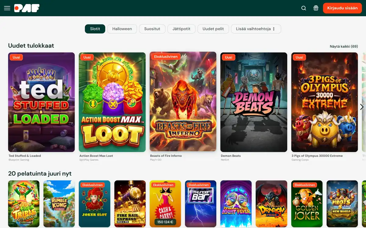 Pafin kasinoaula: uudet pelit pelinkehittäjineen (Blueprint Gaming, SpinPlay Games, Play'n GO, NetEnt, Gaming Corps) ja 20 pelatuinta peliä, kuvattu Suomesta 17.10.2026