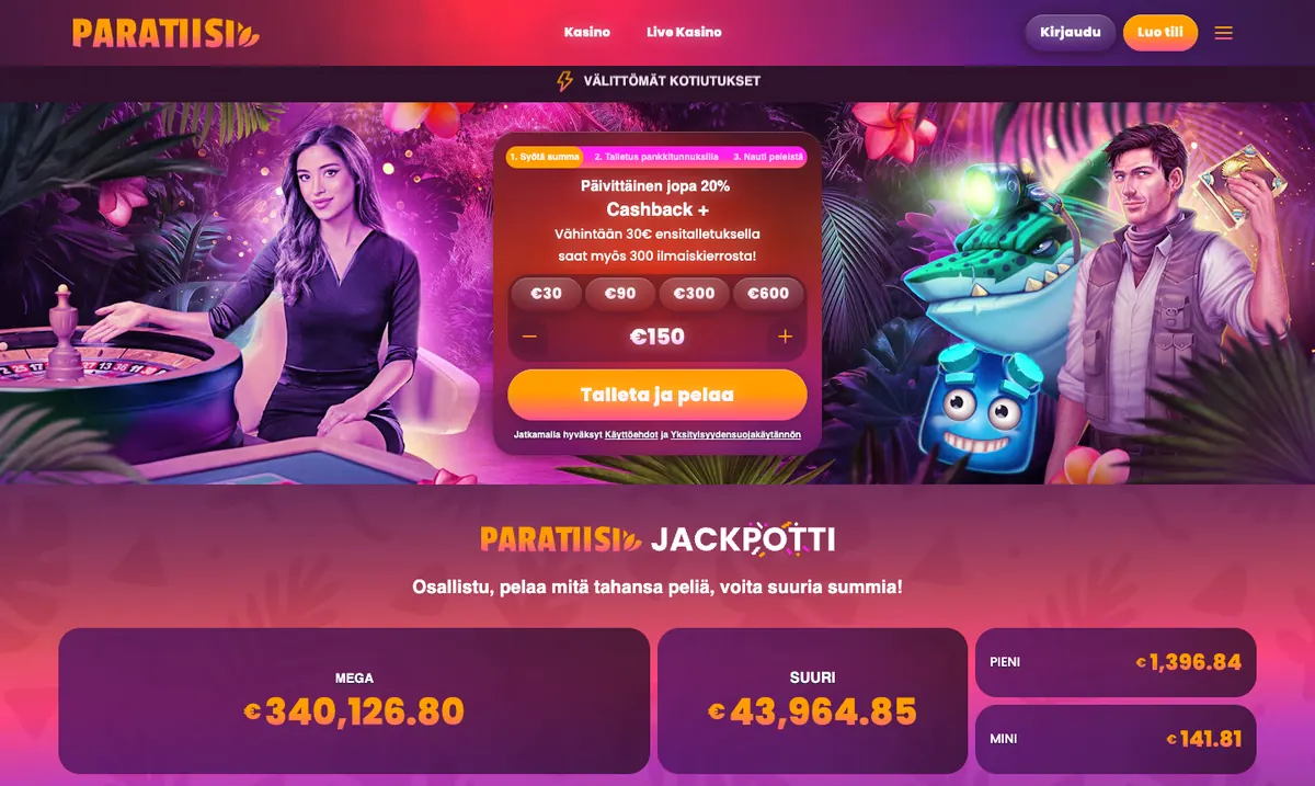Paratiisi Casinon etusivu: talletusikkuna kolmessa vaiheessa, päivittäinen jopa 20 %:n cashback ja 300 ilmaiskierrosta vähintään 30 euron ensitalletuksella, pikasummat 30–600 € sekä Paratiisi Jackpotti -potit, kuvattu Suomesta 18.10.2026